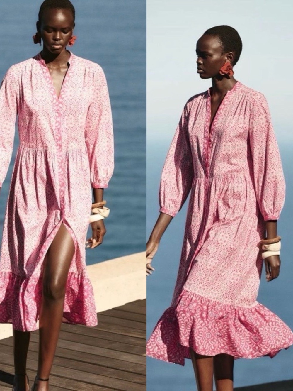 NWT ZARA 100% Cotton Bohemian Floral Button Down Maxi Pink Dress Sz L